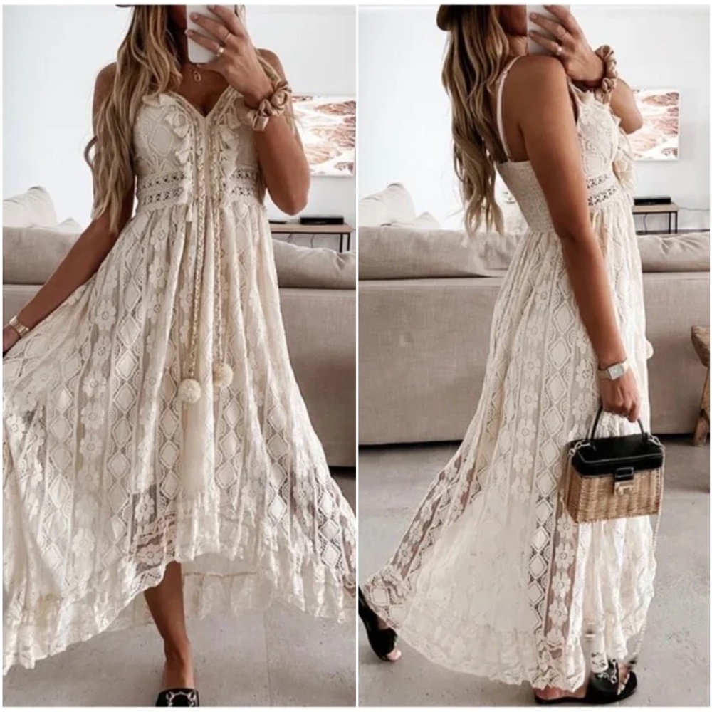 01 Boho Embroidered Floral Tassel Lace Cami Maxi Dress - Picture 10 of 10